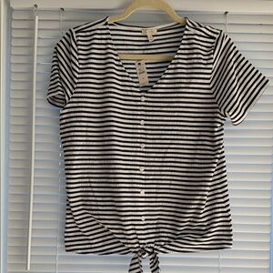 Striped Navy and White Button-Up Women's Top